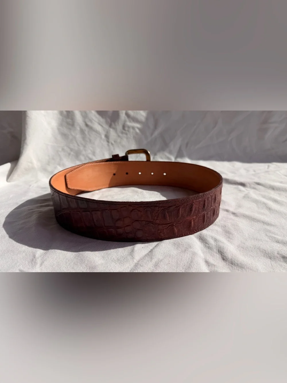 Vintage Waist Belt Brown Leather Crocodile Embossed by Omega Brass S